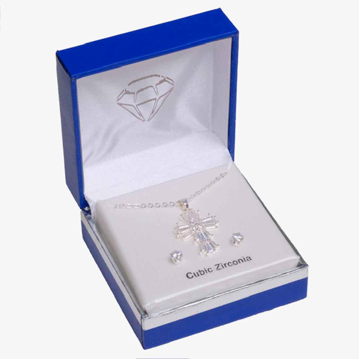 Silver-Tone Baguette CZ Cross Pendant & Earring  Set