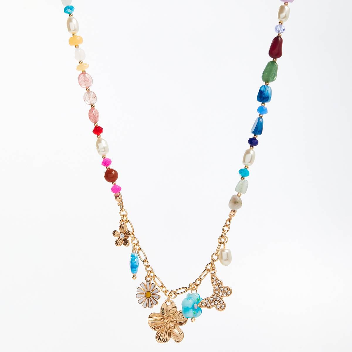 Ashley Beaded Necklace w/ Flower/Butterfly & Pearl Charm Necklace