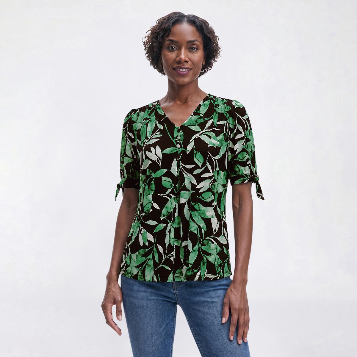 Petite AK Anne Klein Short Tie Sleeve V Neck Leaf Blouse