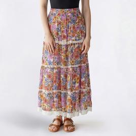 Juniors Angie Floral Crochet Trim Tier Maxi Skirt with Slit