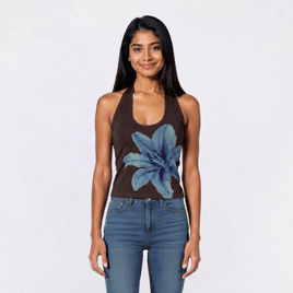 Juniors Pink Rose Mesh Placement Flower Halter Top