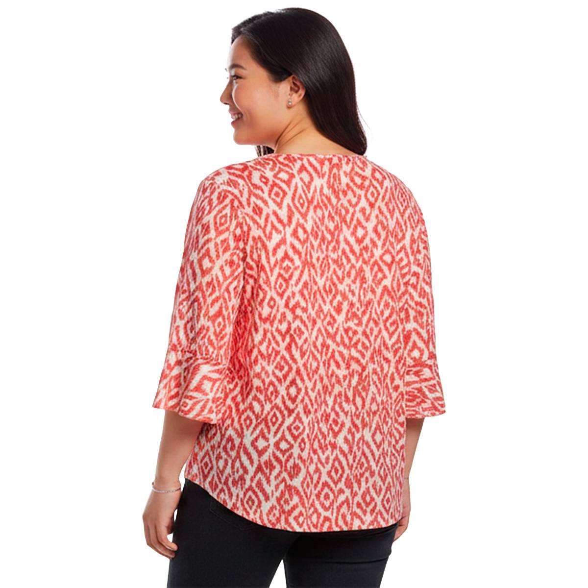 Plus Size Notations 3/4 Ruffle Sleeve Keyhole Neck Ikat Blouse