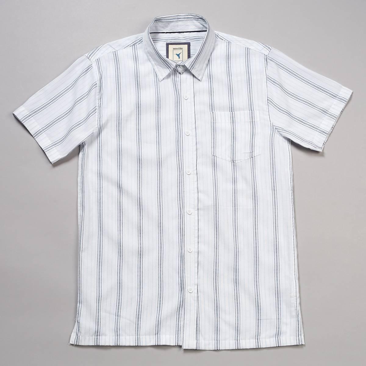Mens Visitor Textured Woven Button Down Shirt - White/Navy
