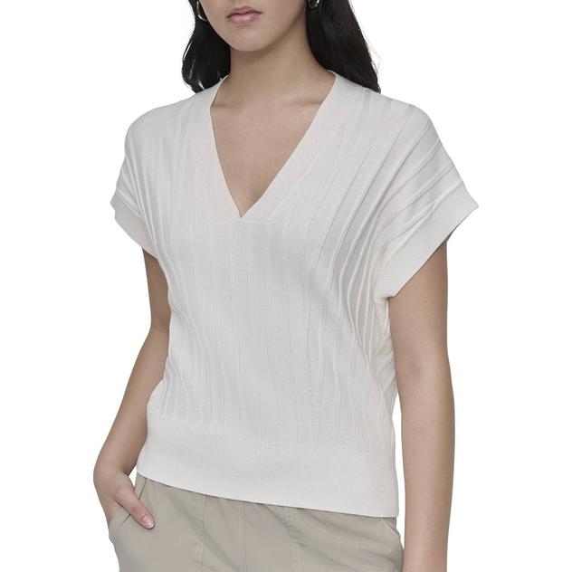 Womens DKNY Cap Sleeve Wide V Neck Rib Knit Sweater