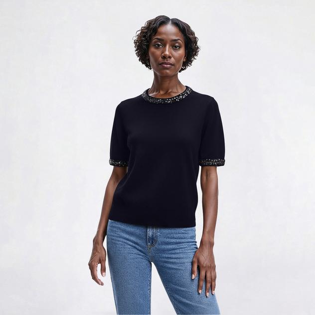Womens Nanette Lepore Short Sleeve Sequin Crew Neck Sweater