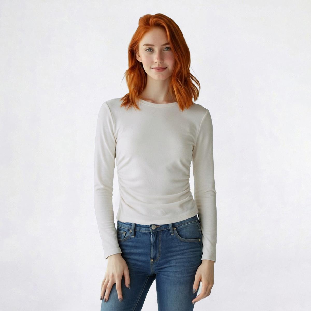 Juniors No Comment Fleece Lined Crew Neck Side Ruched Top