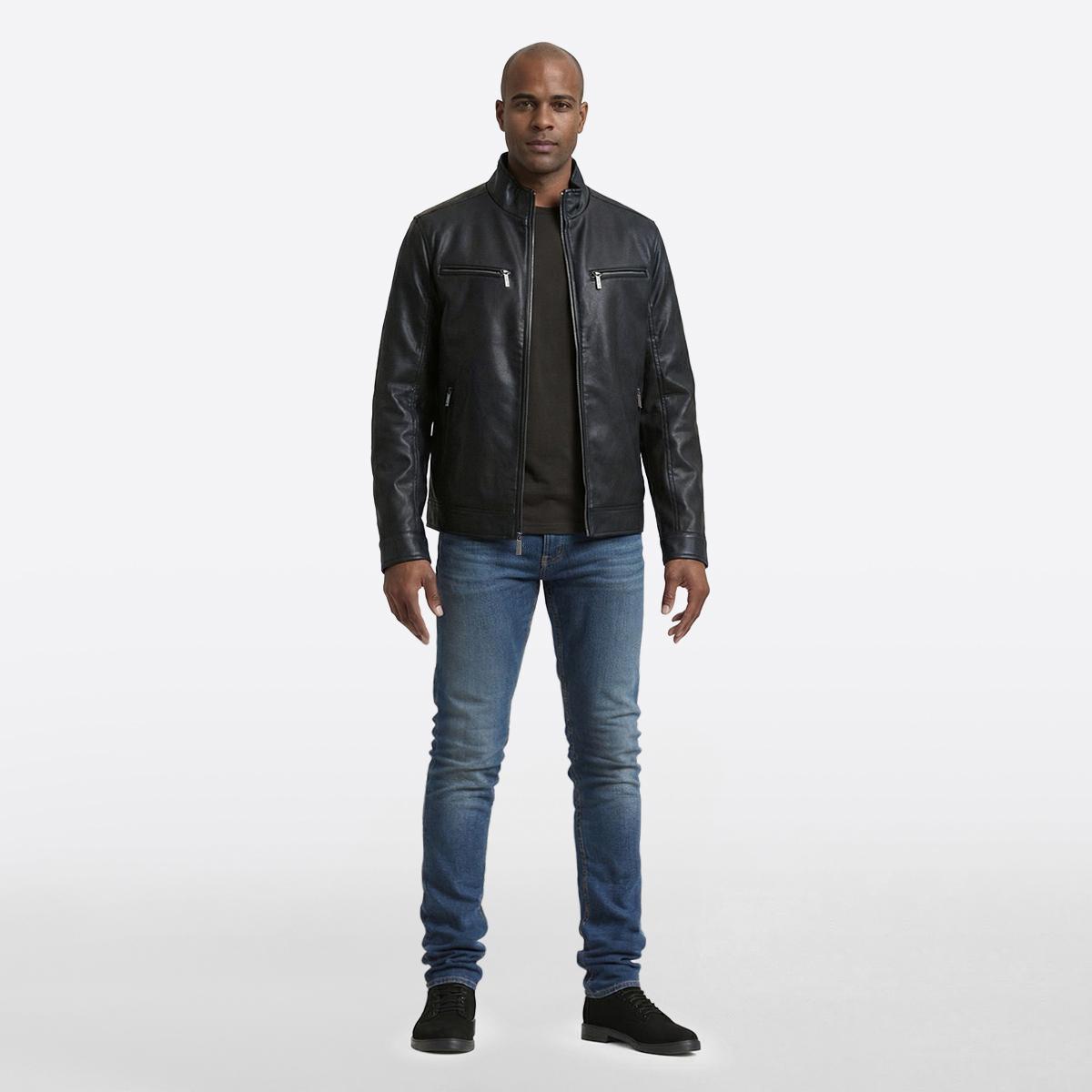 Mens London Fog Faux Leather Jacket w/ Stand Up Collar