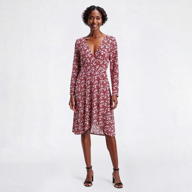 Womens Luxology Long Sleeve Floral Asymmetrical Hem A-Line Dress