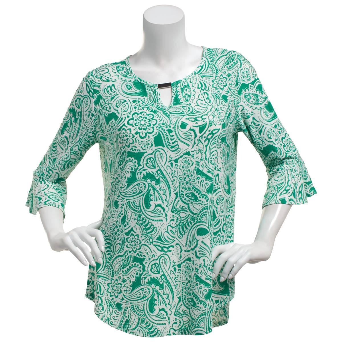 Womens Notations 3/4 Ruffle Sleeve Keyhole Neck Paisley Blouse
