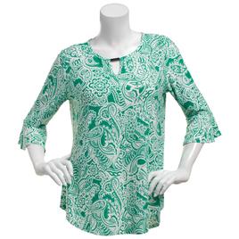 Womens Notations 3/4 Ruffle Sleeve Keyhole Neck Paisley Blouse