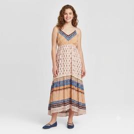 Juniors Angie Mix Print Crochet Trim Maxi Slip Dress