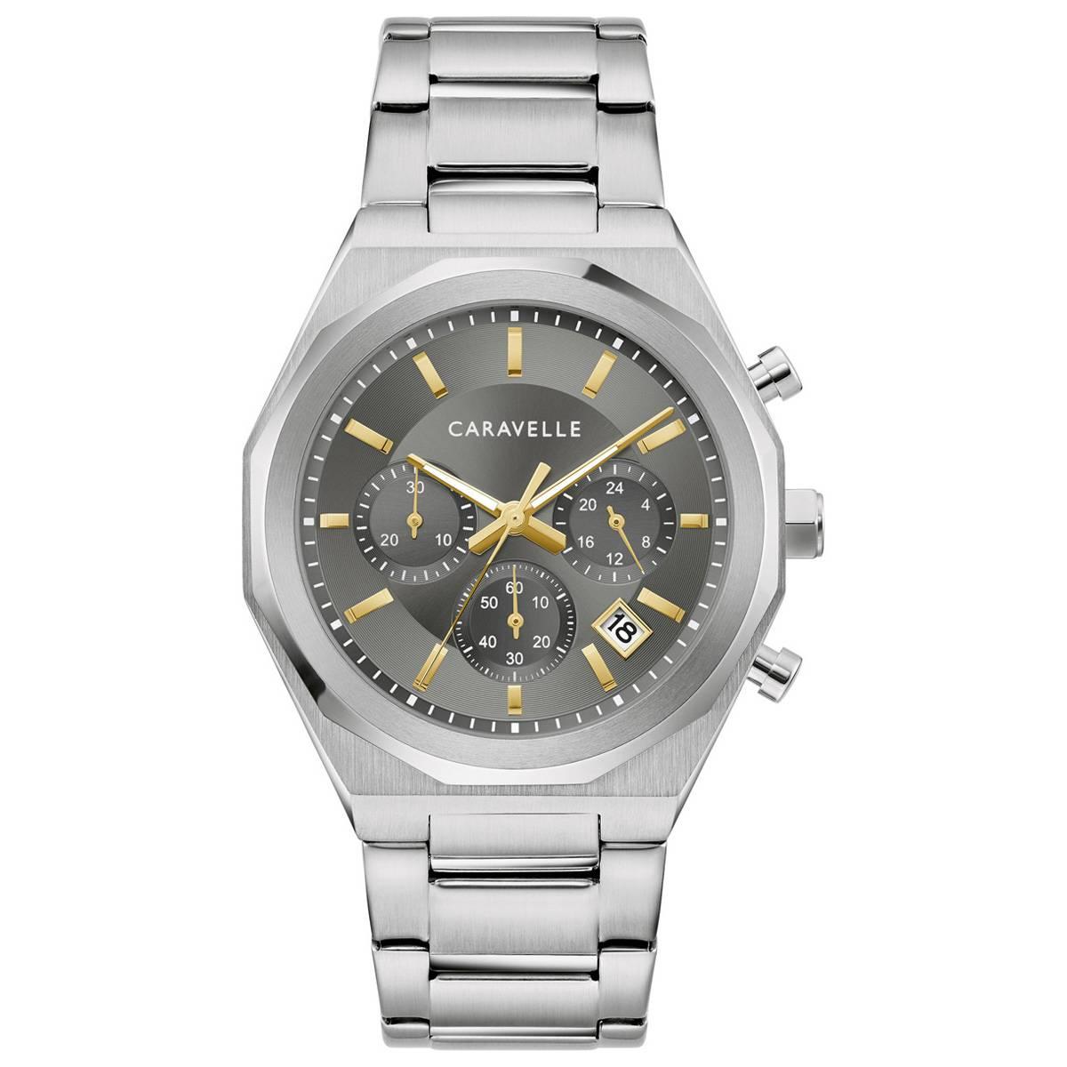 Mens Caravelle Stainless Steel Grey Dial Chrono Watch - 43A158