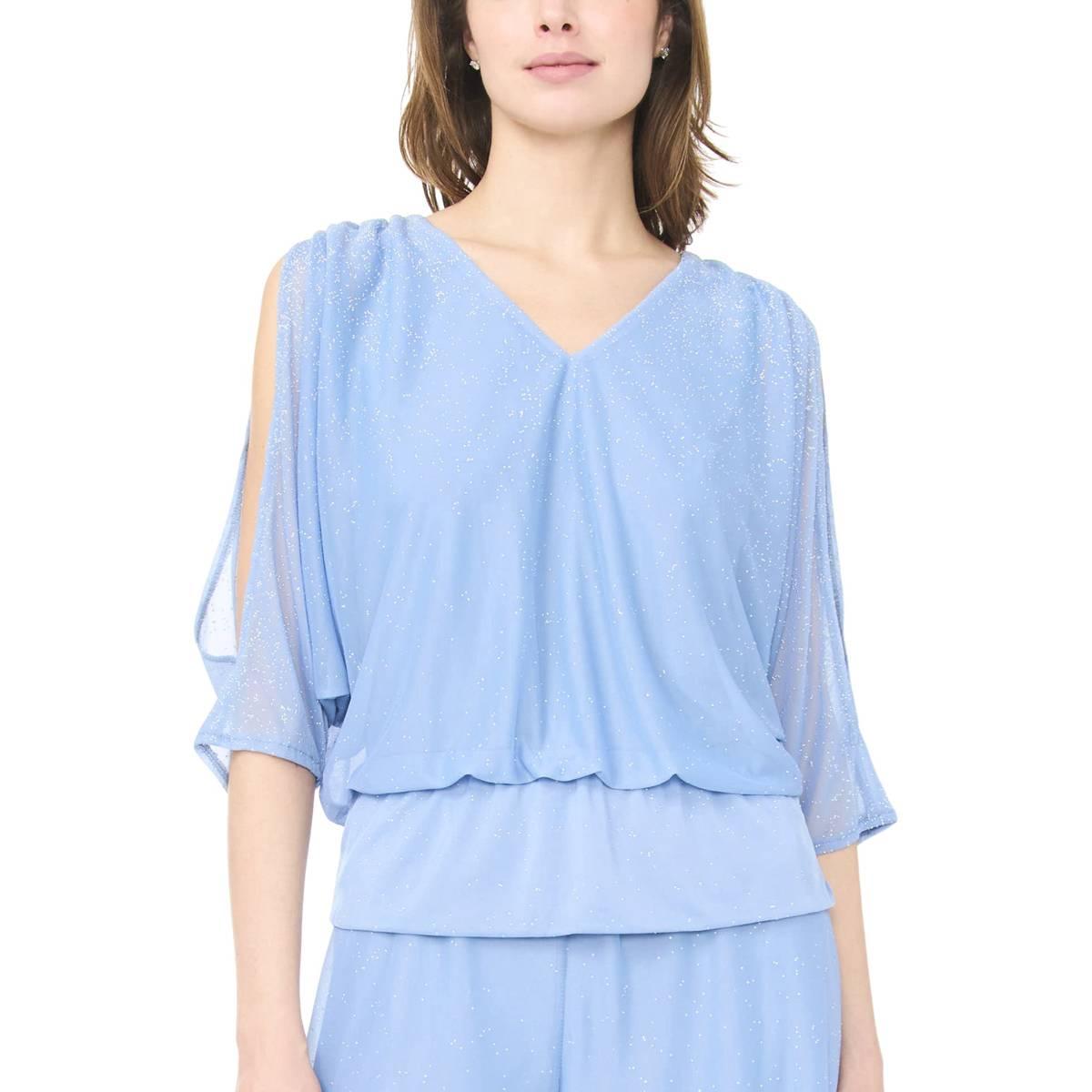 Womens MSK Cold Shoulder Glitter Mesh V Neck Blouse