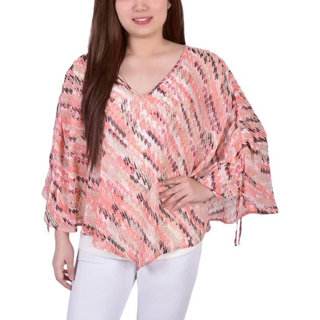 Petite NY Collection 3/4 Ruched Sleeve Abstract Poncho Tank Top