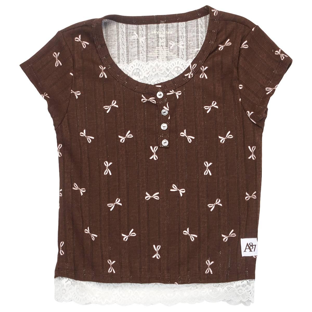 Girls (7-16) Aeropostale Short Sleeve Bow Henley Pointelle Top