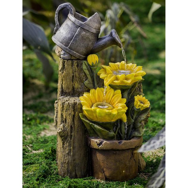 Resin Stump with Yellow Flowers Fountain