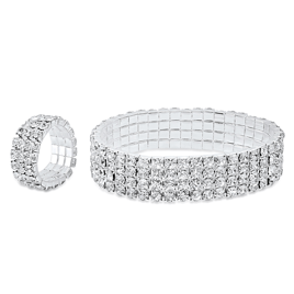 Saffron Stretch Bracelet with Ring Set Adorned with Rhinestones