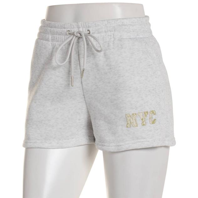 Juniors No Comment Fleece Shorts with Tie Waist and NYC Graphic
