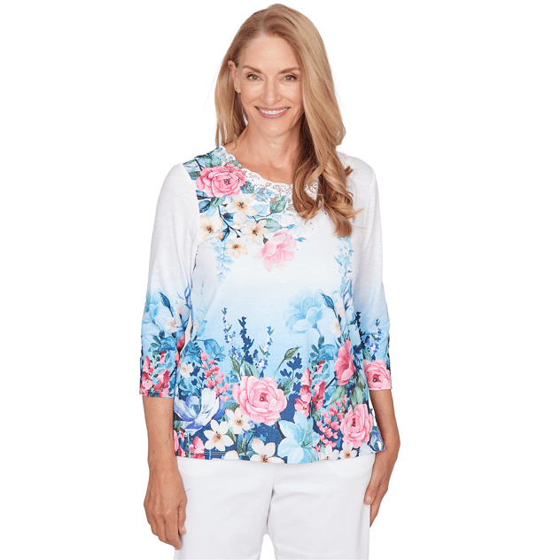 Womens Alfred Dunner Classics 3/4 Sleeve Floral Lace Neck Blouse