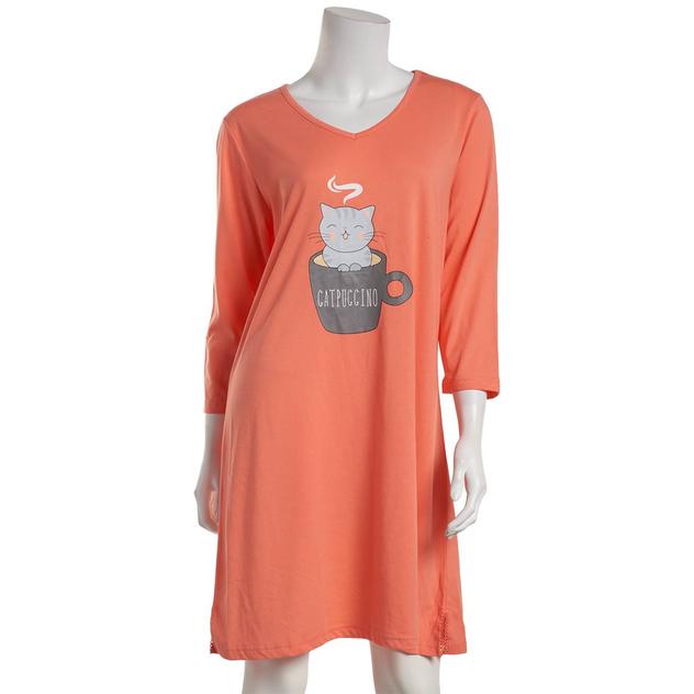 Womens Goodnight Kiss 3/4 Sleeve Catpuccino Screened Nightshirt