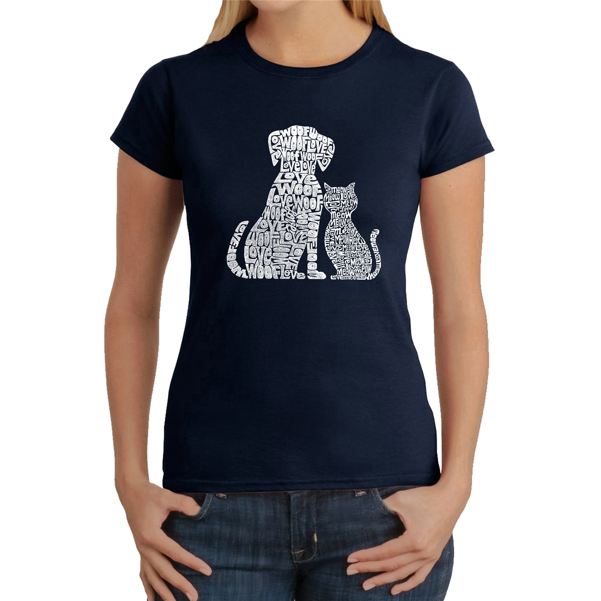 Womens LA Pop Art Dogs and Cats - Word Art T-Shirt