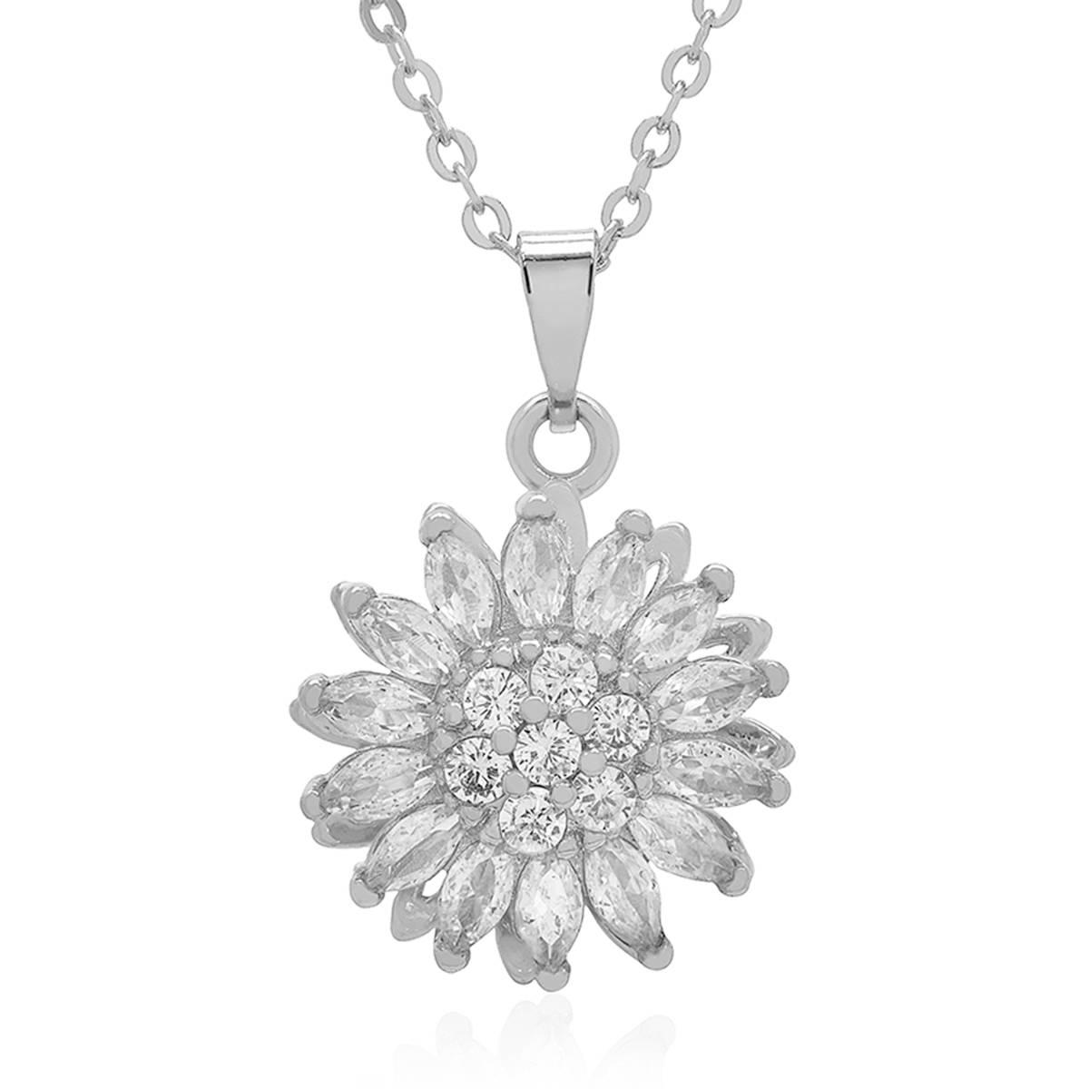Silver Plated & CZ Daisy Flower Spinner Pendant Necklace