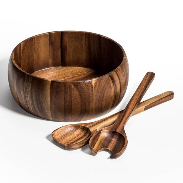 Kalmar Home Acacia Wood Straight Edge Salad Bowl w/ Servers