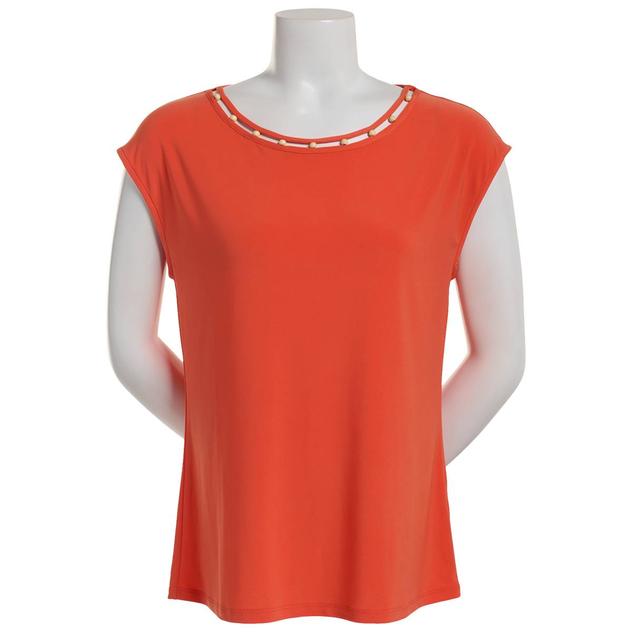 Womens Kasper Extended Shoulder Jeweled Neck Blouse
