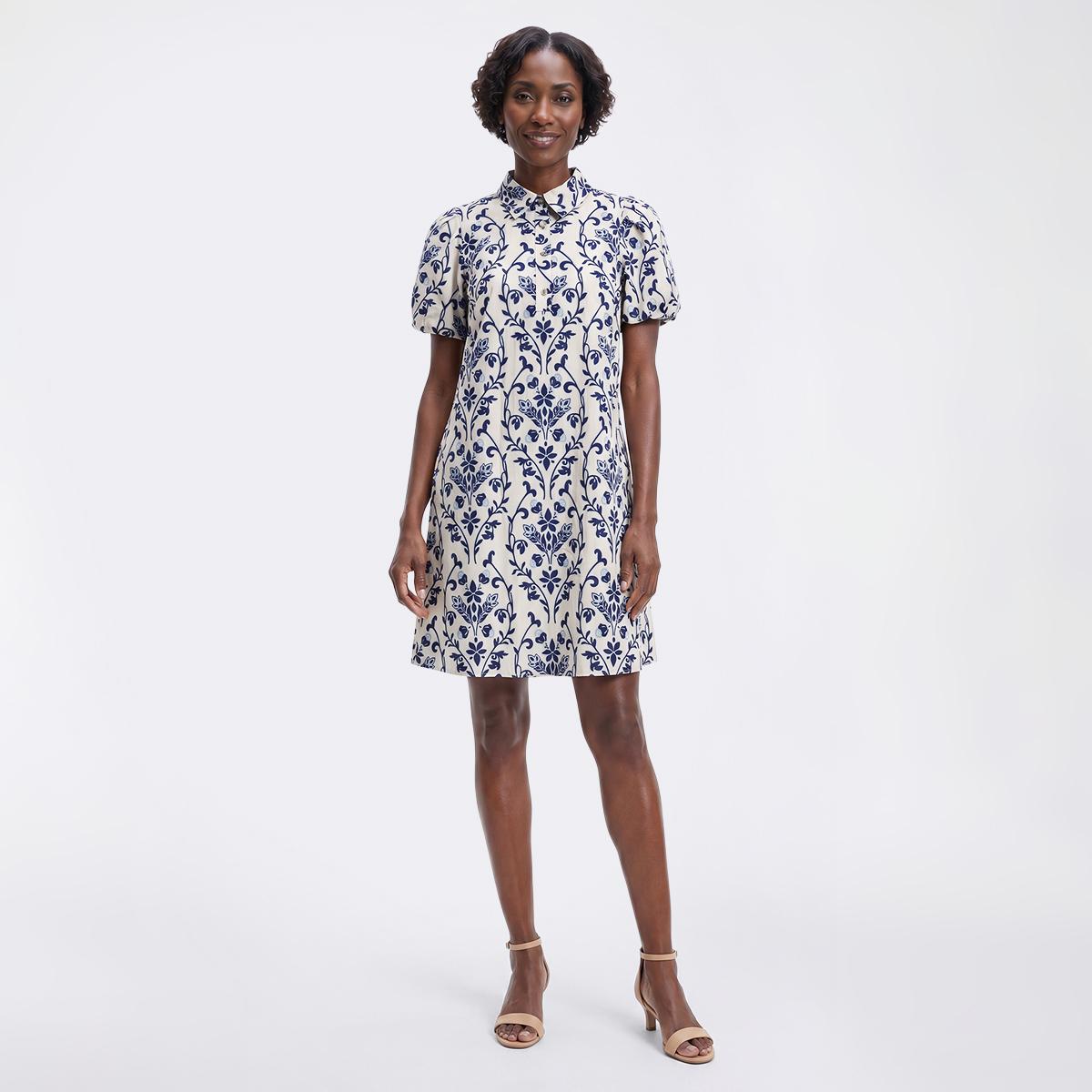 Petite MSK Short Sleeve Puff Sleeve Damask Shift Dress