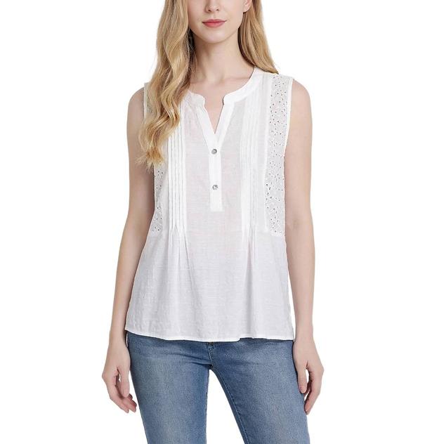 Womens NY Collection Sleeveless Pleated Eyelet Trim Blouse