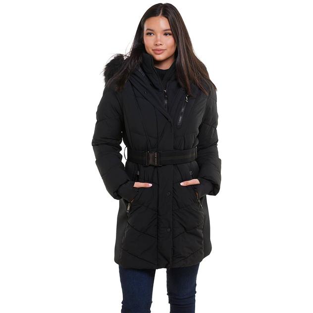 Womens Michael Kors Long Belted Jacket w/Bib & Faux Fur Hood