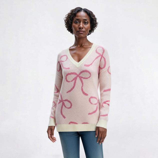 Womens Hanna & Gracie Long Sleeve V Neck Spaced Bow Sweater