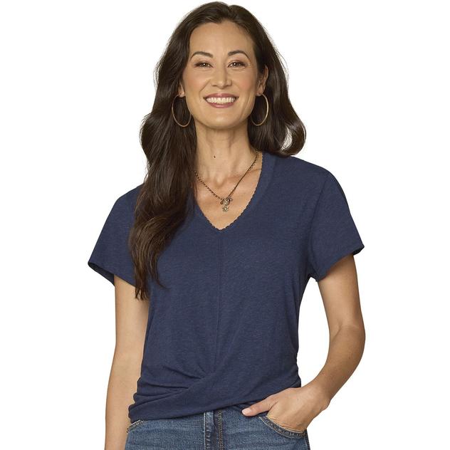 Womens Democracy Short Sleeve Scallop V Neck Twist Hem Knit Tee