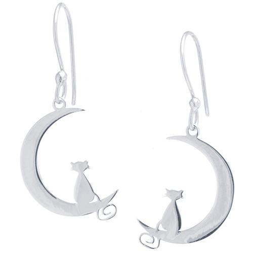 Sterling Silver Laser Cut Cat & Moon Drop Earrings
