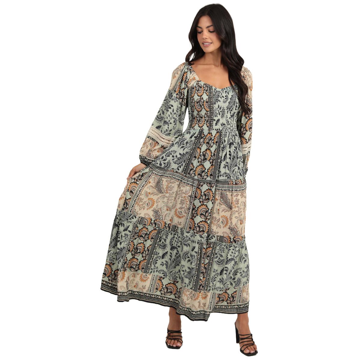 Juniors Angie Long Sleeve Gauze Patchwork Maxi Dress