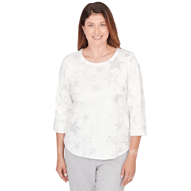 Womens Alfred Dunner Comfort & Joy 3/4 Sleeve Round Neck Star Tee