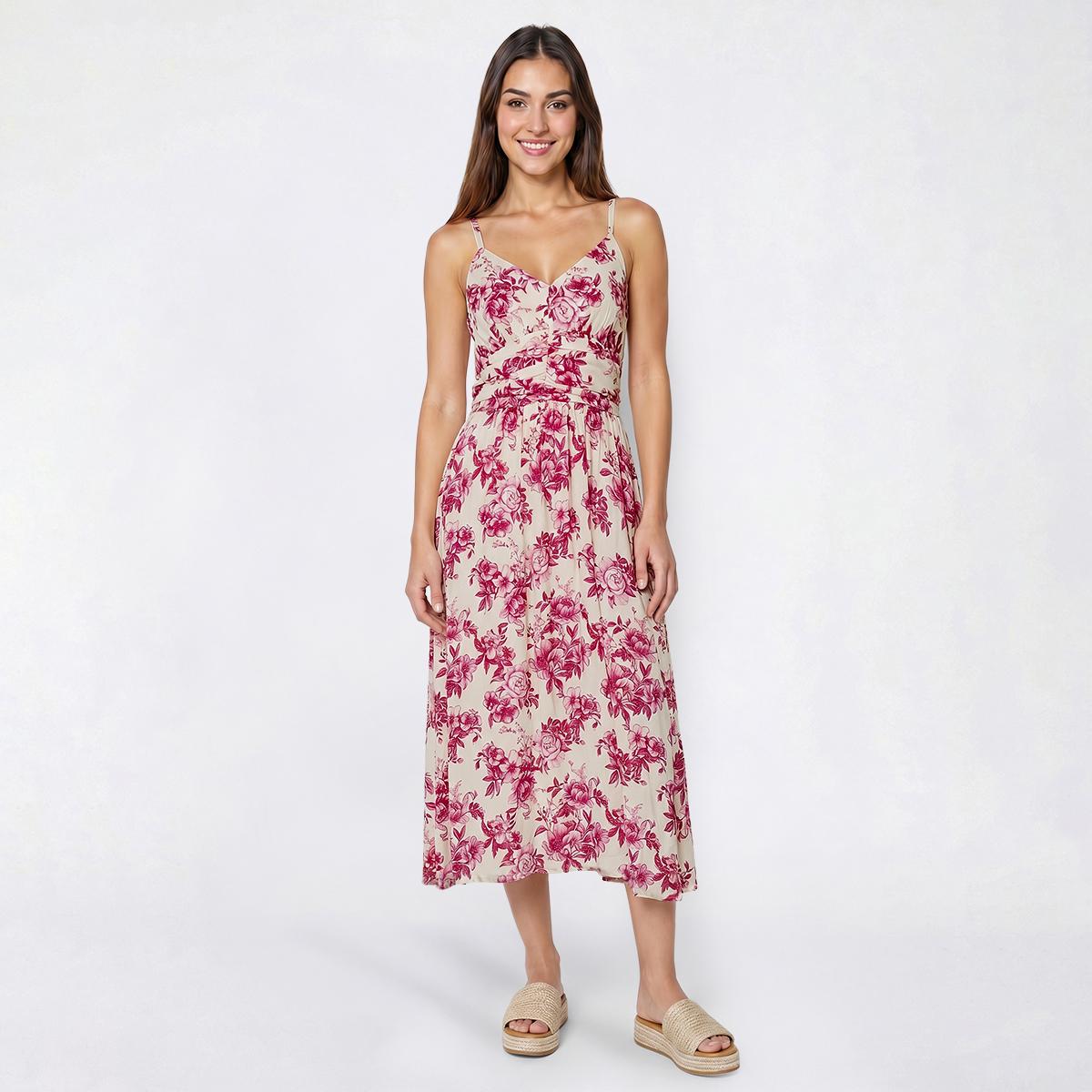 Womens Absolutely Famous Strappy Floral Ruched Waist Midi Dress