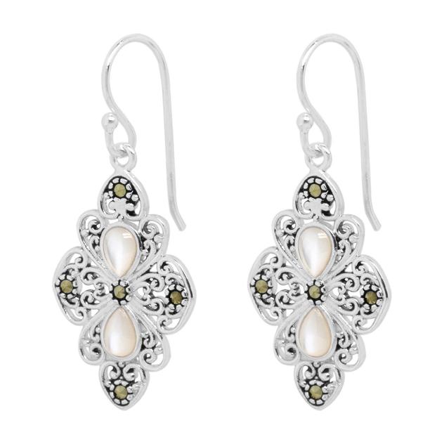 Fine Silver Plated Marcasite & Mother of Pearl Drop Earrings