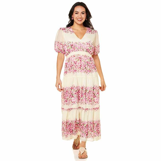 Womens Vivid Aura Short Sleeve Floral V Neck Maxi Dress