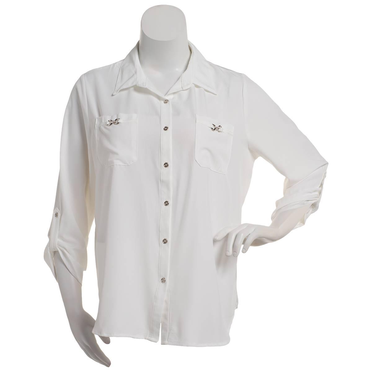 Plus Size Notations 3/4 Sleeve Solid Button Front Blouse