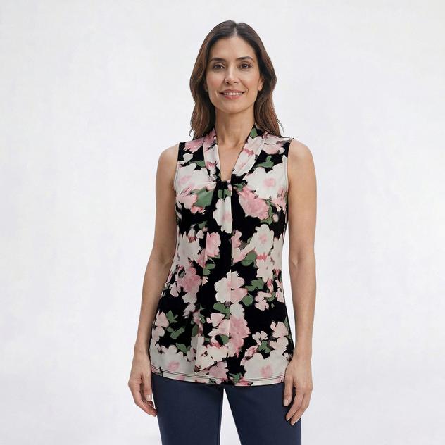 Womens Kasper Sleeveless Knot V Neck Floral Blouse