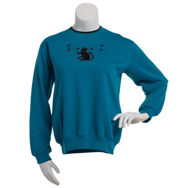 Plus Size Top Stitch by Morning Sun Floral Cat Fleece Sweatshirt