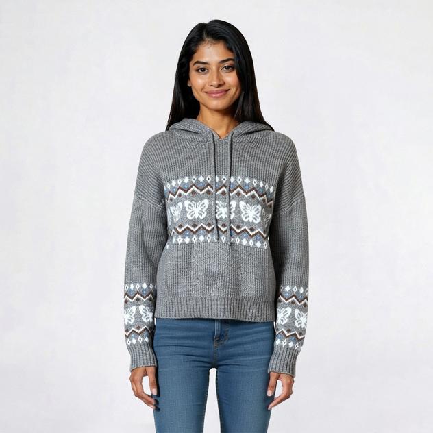 Juniors Madden Girl Fair Isle Knit Butterfly Sweater with Hood