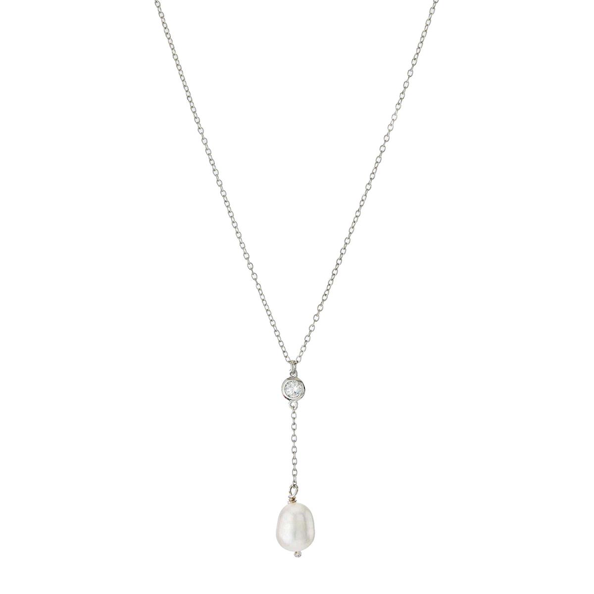 Freshwater Pearl Y-Necklace with Bezel Set Cubic Zirconia