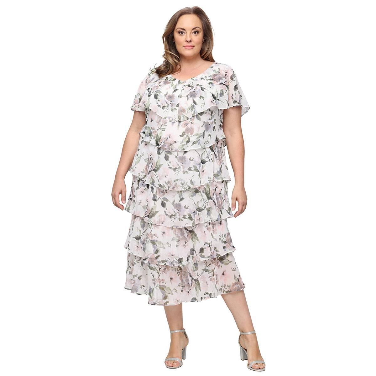 Plus Size SLNY Floral Print Chiffon Tier Tea Length Dress