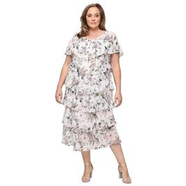 Plus Size SLNY Floral Print Chiffon Tier Tea Length Dress
