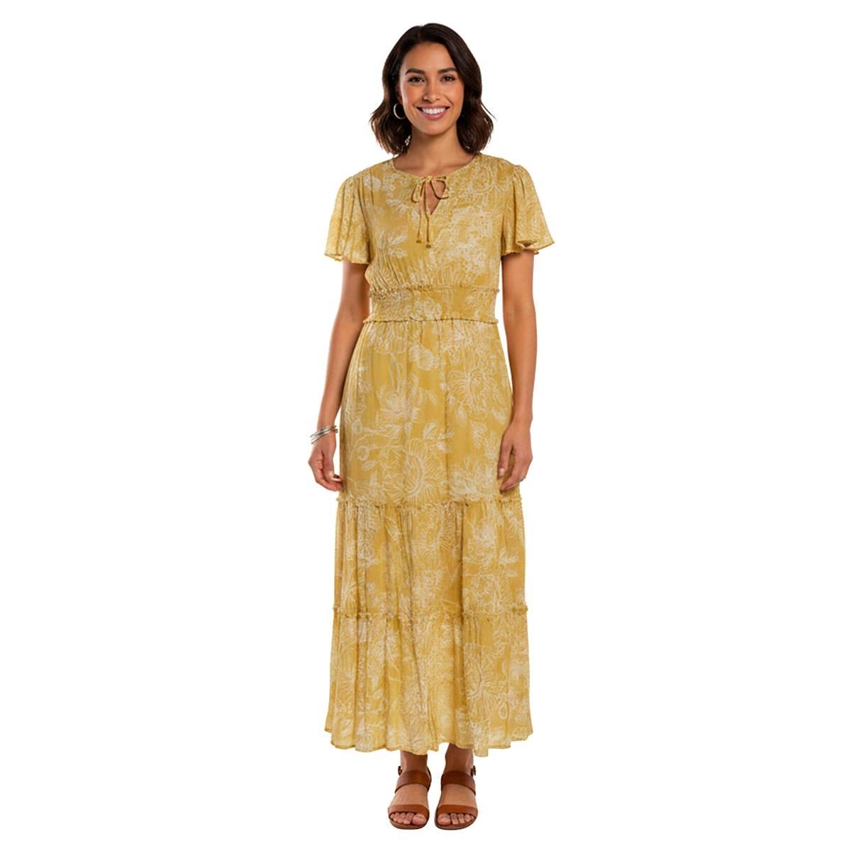 Womens Vivid Aura Short Sleeve Floral Smock Waist Tier Midi Dress