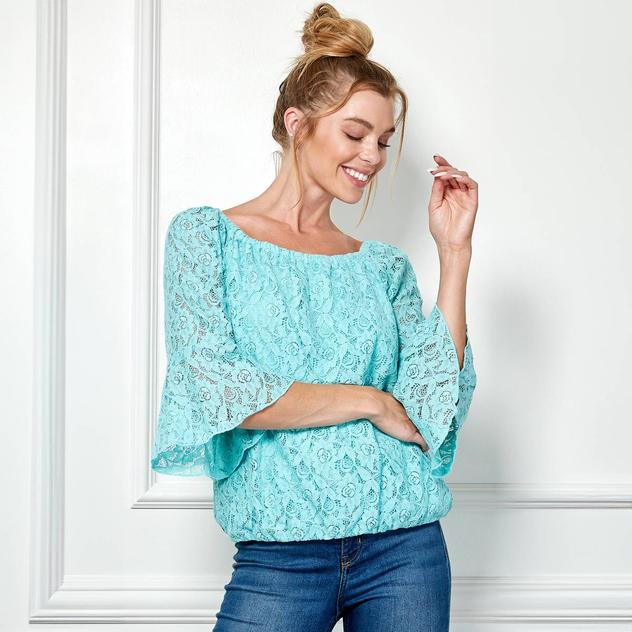 Womens Sara Michelle 3/4 Ruffle Sleeve Solid Lace Blouse