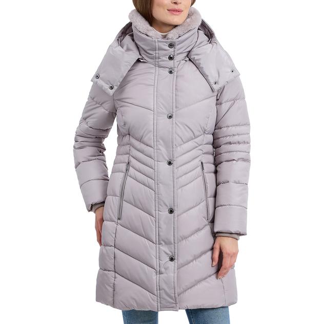 Womens London Fog Long Puffer Coat with Faux Fur Club Collar
