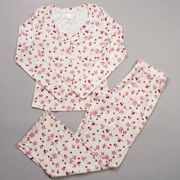 Petite Jessica Simpson Long Sleeve Pointelle Bows Pajama Set